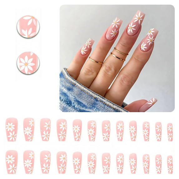 RAGUPEL 24Pcs Glue on Nails for Women,Flower Pattern Coffin Nails Tips,Glossy Long Nails,Cute Nails for Daily Life,Dating and Gatherings,Style1