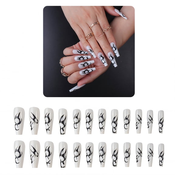 RAGUPEL 24Pcs Glue on Nails for Women,Hand-Painted Pattern Press on Nails Coffin,Glossy Finish Fake Nails,Stick on Nails for Women and Girls,Style3