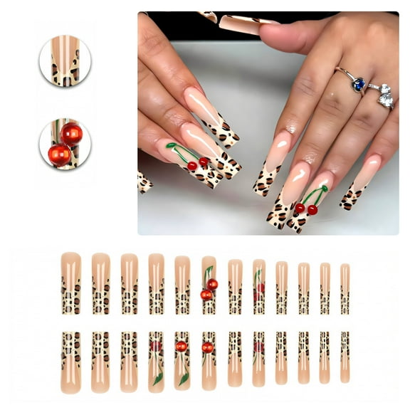 RAGUPEL 24Pcs Glue on Nails for Women,Leopard Print Nail Tips Square,3D Cherries Press on Nails Long,Presson Nails for Women and Girls,Style1