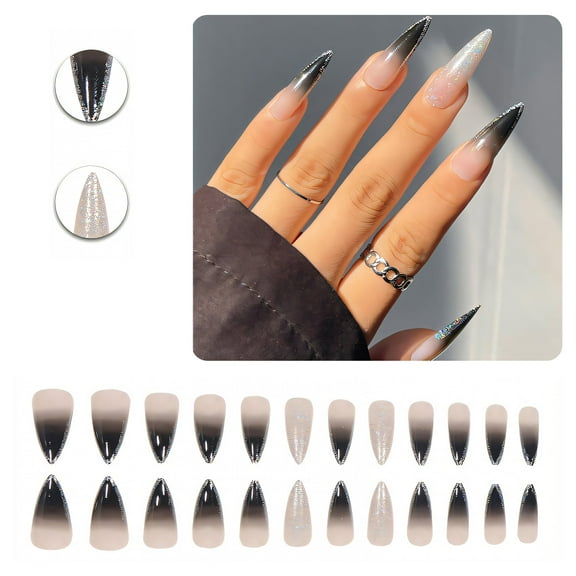 RAGUPEL 24Pcs Glue on Nails for Women,Silver Sequins Stiletto Press on Nails,Glossy Long Press on Nails,Presson Nails for Women and Girls,Style2