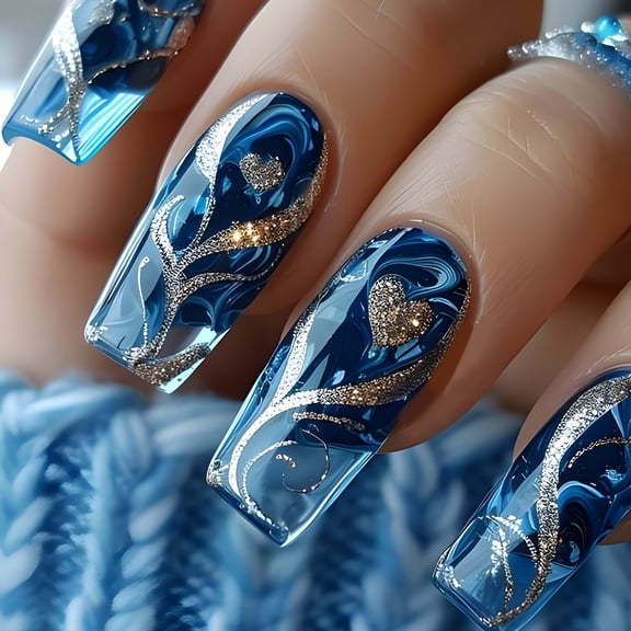 RAGUPEL 24Pcs Gold Curve Line Press on Nails Sea Acrylic Fake Nail Glossy Blue Gradient Medium Square False Nails Love Heart Stick on Fingernails Seaweed Gel Glue on Nail for Women Girls