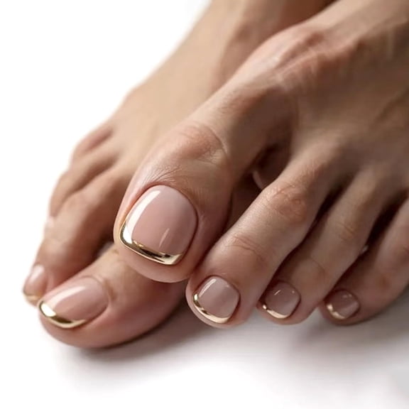 RAGUPEL 24Pcs Gold French Tip Press on Toenails - Short Square Fake Toenails Spring Summer French False Toenails Nude Pink Acrylic Stick on Toenail Full Cover Glossy Reusable Gel Artificial Toenail