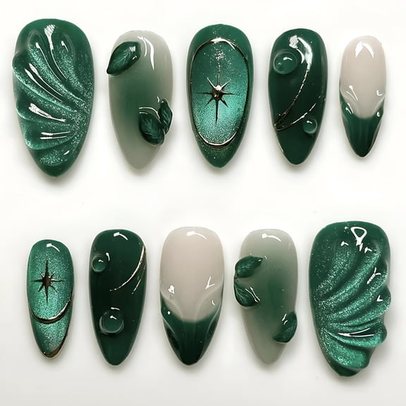 RAGUPEL 24Pcs Green Press on Nails Medium Almond Fake Nails with 3D Green Ripple Design Handmade Press on French Nails Tips Leaves Pattern Full Cover Glossy Reusable Diy Nails for Women Nail