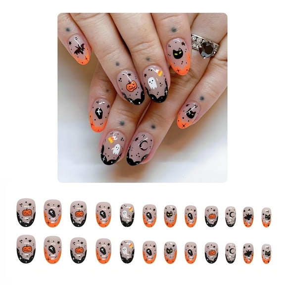 RAGUPEL 24Pcs Halloween Nails,Sweet and Cool Press On,Pumpkin Ghost Black Cat Almond Press on Nails,Style4