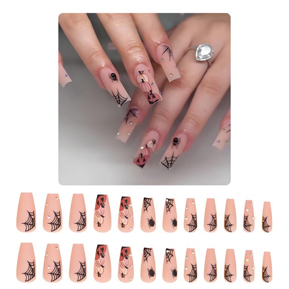 RAGUPEL 24Pcs Halloween Nails,Sweet and Cool Trapezoid Nails Halloween Nail Art,Spider Spider Web Bat Nails Press On,Style6