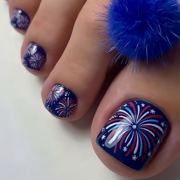 RAGUPEL 24Pcs Independence Day Press on Toenails Short Square Fake Toe Nails with Fireworks Star Design False Toenails Patriotic Star Fireworks Stick on Toenail 4Th of July Firework Acrylic Toenail