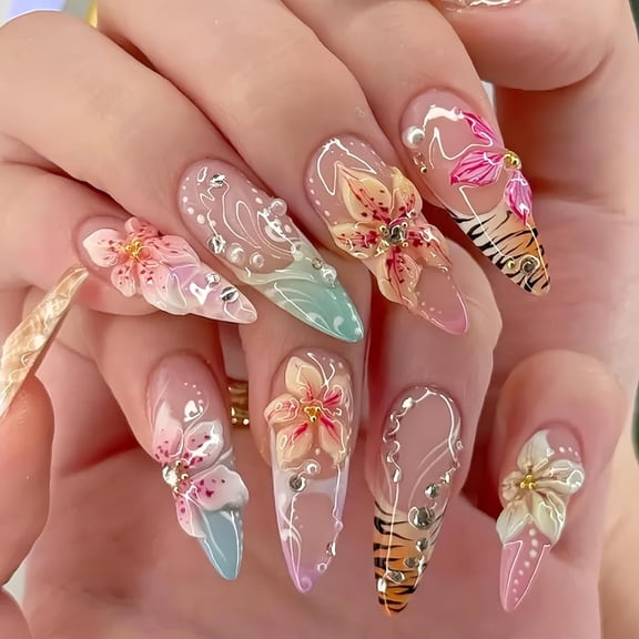 RAGUPEL 24Pcs Long Press on Nails Almond French Tip Fake Nails Hawaii Flower Nails with Gold Silver Rhinestones Design Summer Full Cover Artificial False Nails Tips for Women Manicure Decorations