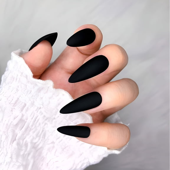 RAGUPEL 24Pcs Matte Black Press On Nails, Medium Long Stiletto Almond Shape, False Nail Tips For Women, Artificial Manicure Kit