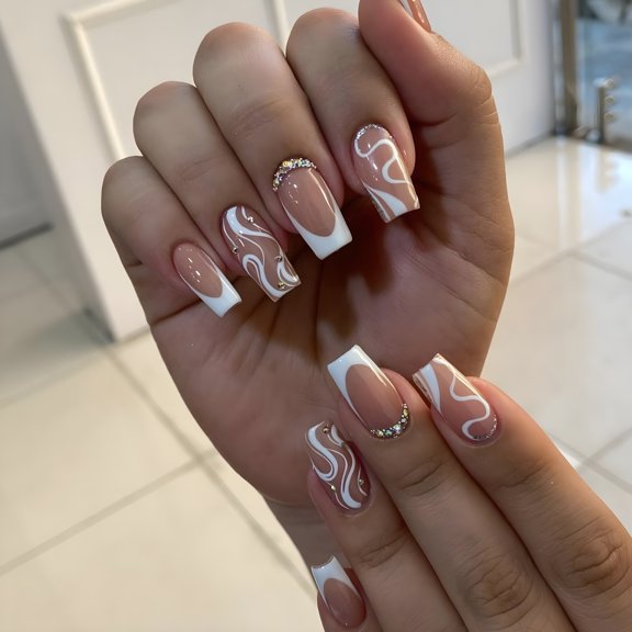 RAGUPEL 24Pcs Medium Long Press On Nails Pink Glitter Rhinestone V Shaped French Tip Square Fake Nails For Women Manicure