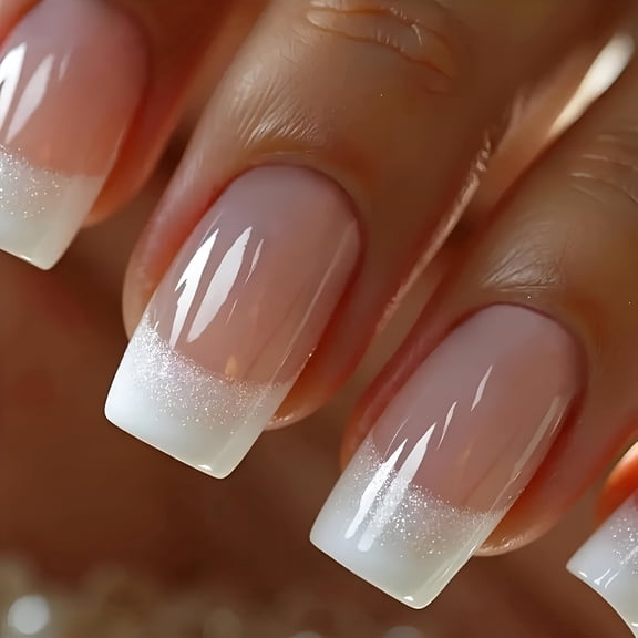 RAGUPEL 24Pcs Medium Square French Tip Press On Nails Silver Glitter White Gradient Glossy Acrylic Fake Nails Reusable Manicure