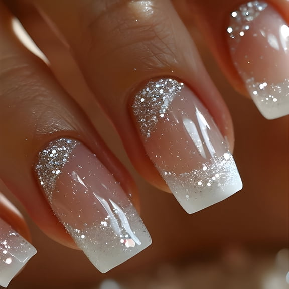 RAGUPEL 24Pcs Medium Square Press on Nails, Silver Glitter French Tip Fake Nails, White Ombre Nude Acrylic Stick On