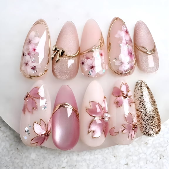 RAGUPEL 24Pcs Pink Flower Press on Nails Medium Almond French Fake Nails with Irregular Line Bow Design Cherry Blossom False Nails Full Cover Artificial Nails Cute Stick on Nail Pearl Nail