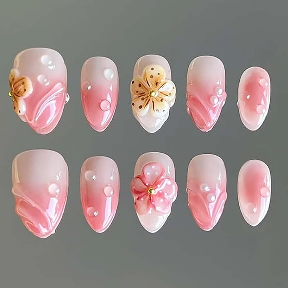 RAGUPEL 24Pcs Pink Press on Nails Short Almond Fake Nails Spring Flower False Nails with Pearl Design Glossy Glue on Nails 3D Texture Acrylic Nail for Women Spring Summer Nail Decoration