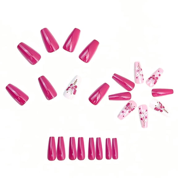 RAGUPEL 24Pcs Pink Press on Nails Square Long Coffin Fake Nails Spring Nail Press Ons with Butterfly Flower Designs Full Cover Glue on Nails Artificial Acrylic False Nails for Women Manicure