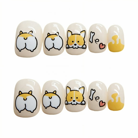 RAGUPEL 24Pcs Press on Nails for Kids,Cute Corgi Kids Nails,Jelly Glue Does Not Damage Nails Press on Nails,Style1