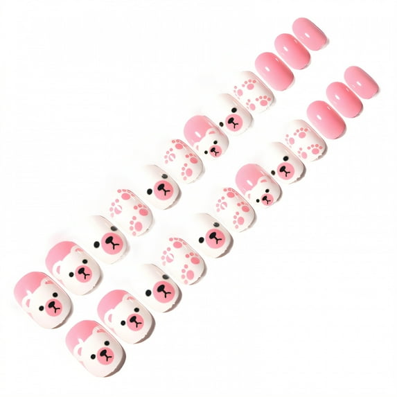 RAGUPEL 24Pcs Press on Nails for Kids,Hand-Painted Bear Press on Nails,Removable with Adhesive Backing False Nails,Style2