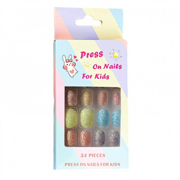 RAGUPEL 24Pcs Press on Nails for Kids,Multi-Color Flash Kids Press on Nails,Adhesive Backing Does Not Damage Nails Kids Nails Set for Girls,Style4