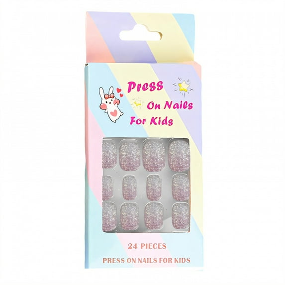 RAGUPEL 24Pcs Press on Nails for Kids,Peach Pink with Sequins Kids Fake Nails,Adhesive Backing Does Not Damage Nails False Nails,Style2