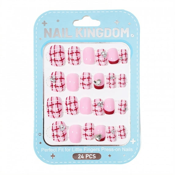 RAGUPEL 24Pcs Press on Nails for Kids,Pink and White Stripes Kids Nails,Natural Fit of Arc Kids Fake Nails,Style1