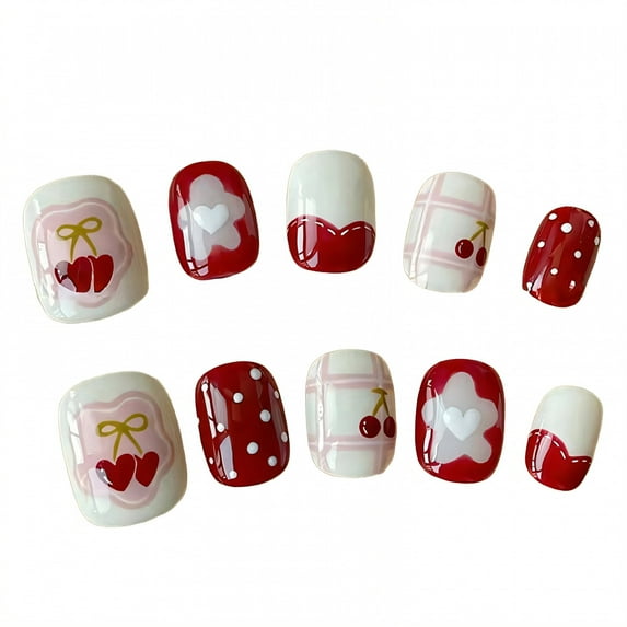 RAGUPEL 24Pcs Press on Nails for Kids,Polka Dot Flower Kids Nails,Jelly Glue Does Not Damage Nails Kids Fake Nails,Style1