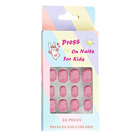 RAGUPEL 24Pcs Press on Nails for Kids,Soft Pink with Glitter Kids Nails,Adhesive Backing Does Not Damage Nails Press on Nails,Style4