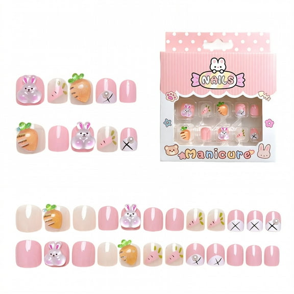 RAGUPEL 24Pcs Press on Nails for Kids,Three-Dimensional Rabbit and Carrot Fake Nails for Kids,Firmly Worn False Nails,Style3