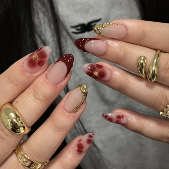 RAGUPEL 24Pcs Red French Tip Press on Nails Short Almond Fake Nails with 3D Gold Stripe Bead Designs Red Flower Glue on Nails Summer False Nails Full Cover Acrylic Nail Tips Stick on Nails for Women