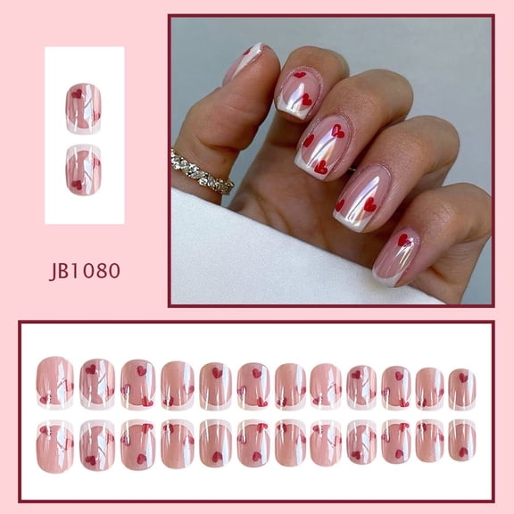 RAGUPEL 24Pcs Red Heart Clear Based Press on Nails,Faux Acrylic Nails Kit with Red Hearts and White Dots Design,Artificial False Static Stick on Nails,Nail Supplies for Women
