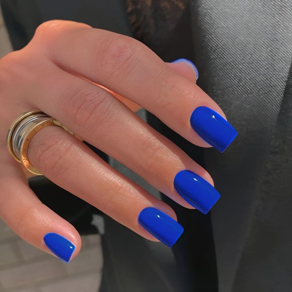 RAGUPEL 24Pcs Royal Blue Press on Nails, Short Medium Square Fake Nails, Reusable Solid Dark Acrylic Gel Set
