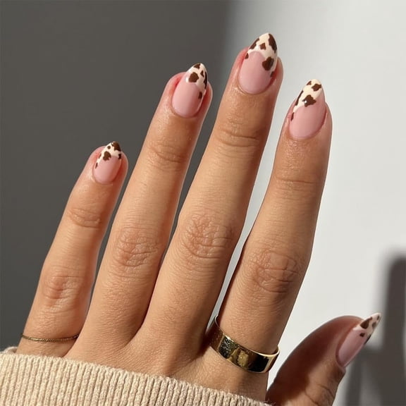RAGUPEL 24Pcs Short Press on Nails Cute Almond Fake Nails Cow Pattern Design French Tip Acrylic Glue on Nails Natural Full Cover False Nails Artificial Glossy Stick on Nail for Women Girls