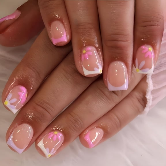 RAGUPEL 24Pcs Short Square Press on Nail White Pink French Tip Fake Nails with Flower Designs Cute Glue on Nails Glossy Full Cover Spring Summer Stick on Nail Reusable False Nails for Women Girls