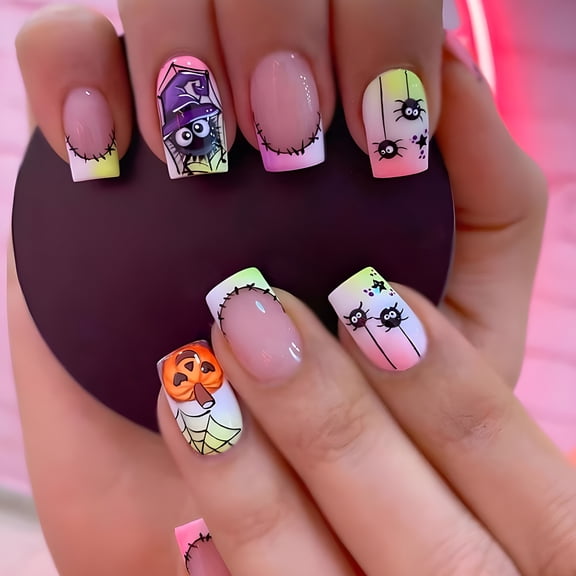 RAGUPEL 24Pcs Square French Tips Fake Nails Acrylic Nails Spiders on Nails for Women Halloween Press on Nails Gifts