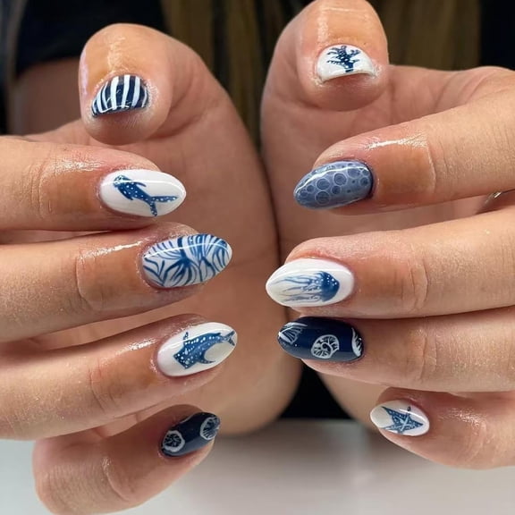 RAGUPEL 24Pcs Summer Ocean Press on Nails Short Almond Fake Nails with Whale Shark Jellyfish Starfish Design Glossy Reusable False Nail Blue Acrylic Nails