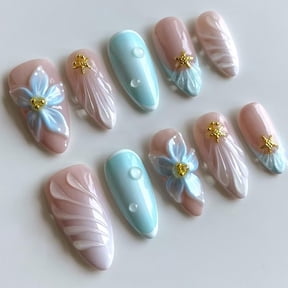 RAGUPEL 24Pcs Summer Press on Nails Almond Medium False Nails Blue 3D Starfish Pearl Flower Acrylic Fake Nails French Tips Stick on Nails Reusable Full Cover Artificial Glue on Nails for Women
