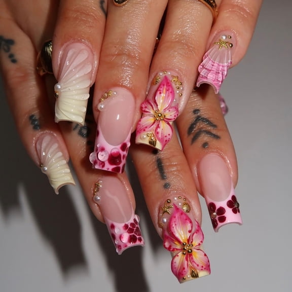 RAGUPEL 24Pcs Summer Press on Nails Medium Square Fake Nails with Pearl Rhinestones Designs Gold Starfish Seashell Glue on Nails 3D Flower Acrylic Nails Beach False Nail French Tip Stick on Nail