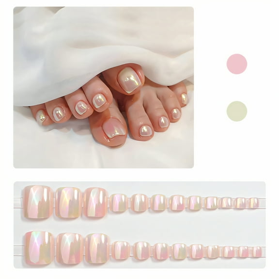 RAGUPEL 24Pcs Toe Press on Nails Square Short Odor-Free Material Nail Press Ons Pearlescent Luster Stick on Nails for Women with Comes Includes Mini Glue Style4