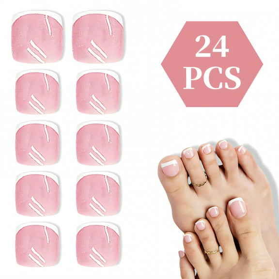 RAGUPEL 24Pcs Toe Press on Nails Square Short Seamless Thickness Nail Press Ons Minimalist Style Press on French Tip Nails with Comes and A Tool Bag for Women Style2