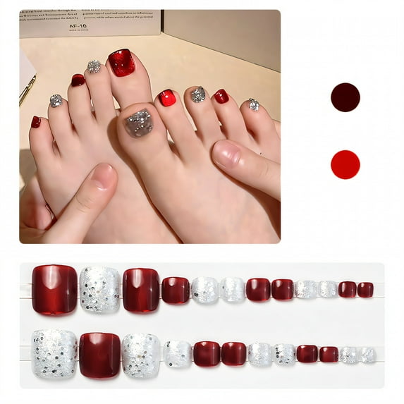 RAGUPEL 24Pcs Toe Press on Nails Square Short Wide Toe Friendly Toe Nails Press on Contrasting Colors Press on Nails Short with Comes Includes Mini Glue for Women Style4