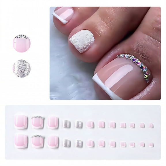 RAGUPEL 24Pcs Toe Press on Nails French Style No Slide Design Toe Nail Tips with Rhinestones Square Nails for Women Style1