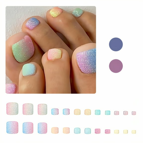 RAGUPEL 24Pcs Toe Press on Nails Square Short Thin Breathable Nail Set Metallic Glitter Nail Essentials with Comes with Jelly Glue for Women Style1