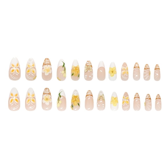 RAGUPEL 24Pcs Yellow Flower Press on Nails Medium Almond French Tip Fake Nails with 3D Gold Butterfly Pearl Design Spring Flower False Nails Full Cover Glue on Nail Artificial Stick