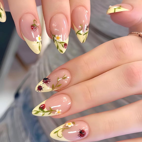 RAGUPEL 24Pcs Yellow French Tip Press on Nails Medium Almond Fake Nails Daisy Flower False Nails Ladybug Strawberry Stick on Nails Nude Pink Glossy Full Cover Spring Summer Floral Leaf Acrylic Nail
