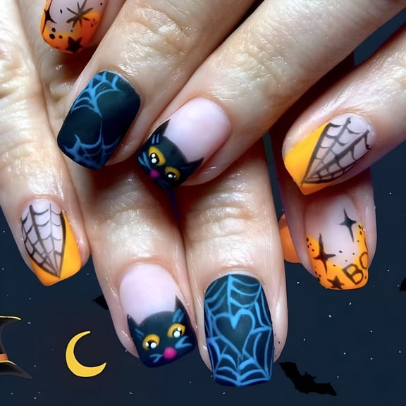 RAGUPEL 24Pieces French Tip Press On Nails Cobweb Design Dark Bat Glittering ABS For Halloween Event