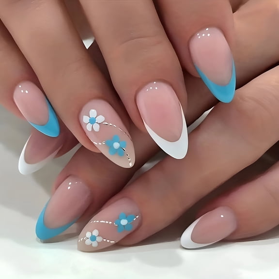 RAGUPEL 24pcs Glossy Blue & White French Tip Press On Nails with Cute Flower Design - Short Almond Fake Nails for Women and Girls - Full Cover False Nails for a Chic and Elegant Look