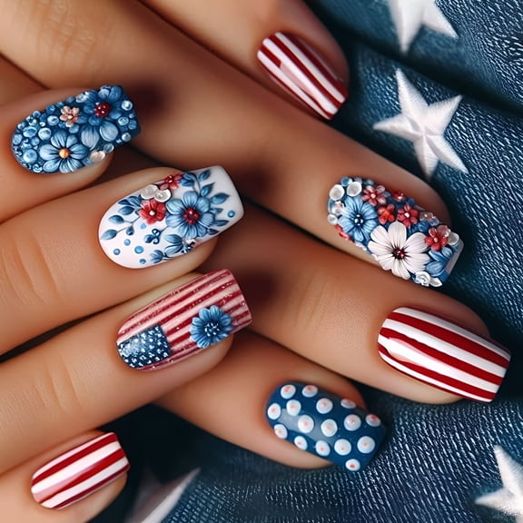 RAGUPEL Short Square Artificial Nails,Daisy Line,Short Nail Tips in Nude for Fall Winter