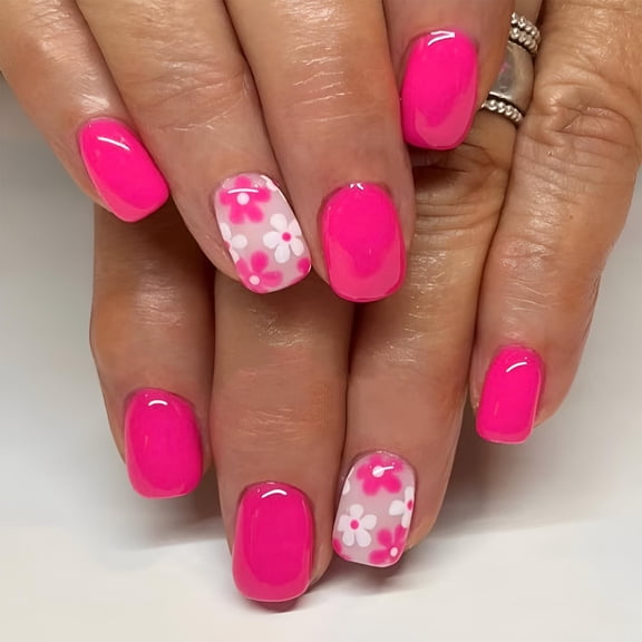 RAGUPEL 24x Flowers False Nail Glossy Nail Tips Press On Nail Short Square Acrylic Nail
