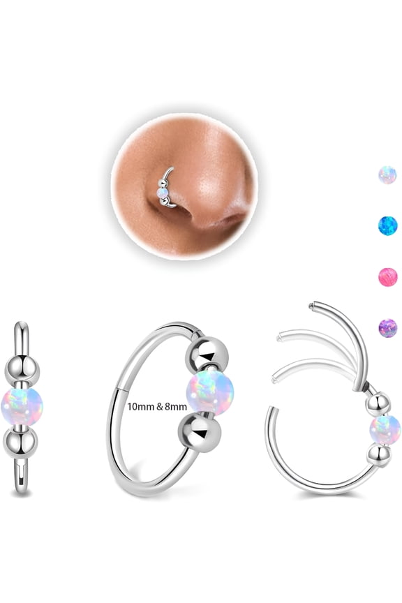 2Pcs 18G Opal Nose Rings for Women Nose Hoops 8Mm/10Mm 316L Steel Nose Rings Piercing Jewelry Can Be Used As A Nose Ring, Septum Ring, and Cartilage Earring