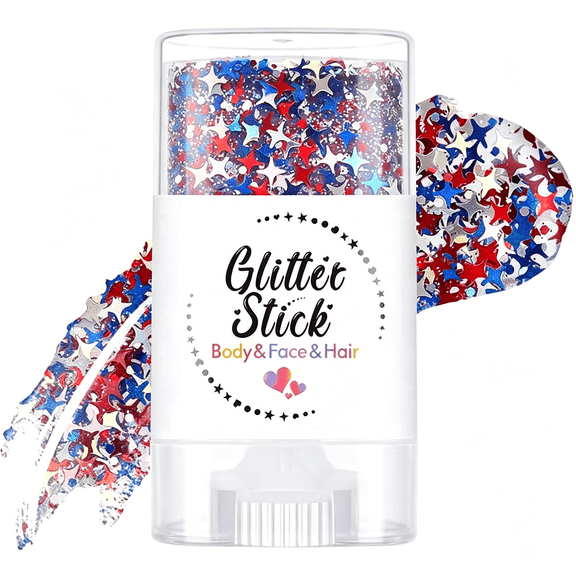 RAGUPEL 2Pcs Patriotic Body Glitter Stick, Face Hair Glitter, Red White and Blue Glitter Stick, 4th of July Decorations, 4th of July Outfits for Women, Independence Day Glitter Makeup(#E)