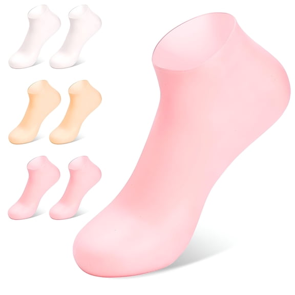 RAGUPEL 3 Pairs Silicone Moisturizing Socks,Softening Dry Cracked Feet Rough Skins & Aloe Socks,for Dry Cracked Feet Women,Calluses,Spa Gel Socks Foot Care-Pink & White & Brown