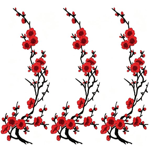 RAGUPEL 3 Pcs 16.6" Embroidery Cherry Blossom Iron on Patches, Plum Blossom Applique Patches, Flower Branch Sew on Patch, Floral Appliques for Dresses Red